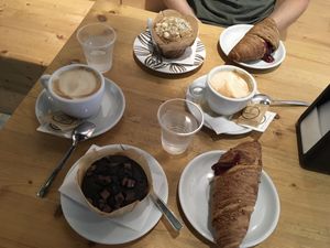 Croissants with jam, blueberry muffin and chocolate muffin  at Avamposto in Bari