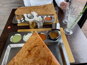 Rava masala dosa (mild and koriander-like flavour) and Mysore masala dosa (very spicy, but crispy and tasty). Both have a very tasty potato filling. at Krishna Vilas in Utrecht