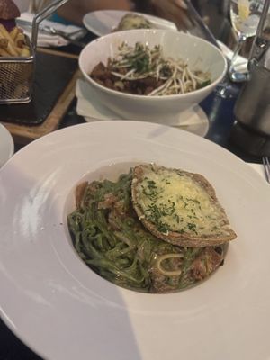 Vegan carbonara and garlic bread  at La Sala in Marbella