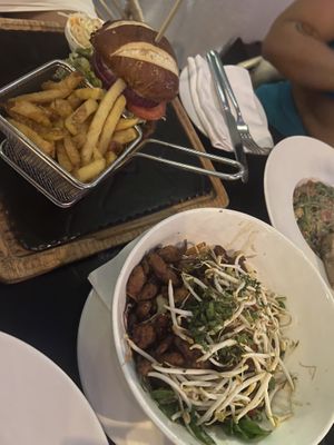 Burger and beef salad  at La Sala in Marbella