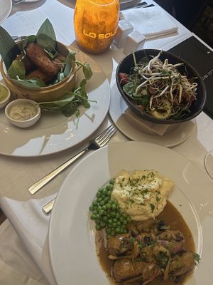 Vegan nuggets, beef salad and bangers and mash  at La Sala in Marbella