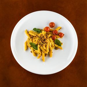 Homemade Pasta with a Vegan Ragout: Delicious Walnuts-Pistachios Fresh Tomato Ragout/Cork Screw Pasta at Piazza 1909 in La Jolla