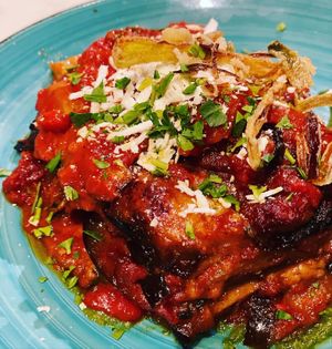 Homemade Vegan eggplant Parmigiana at Piazza 1909 in La Jolla