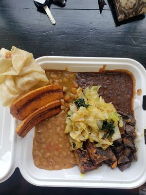 vegan sampler: chickpea curry, mushrooms, jerk tofu , veggies, rice, bean dishes. also roti and plantains! at Irie Kitchen in Grand Rapids