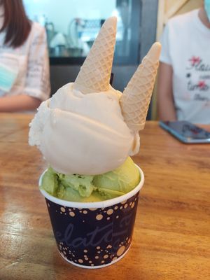 Avocado lime sorbet and lychee sorbet at 7 Senses Gelato Studio in Chiang Mai