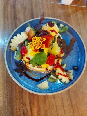 Vegan waffle with mango and passionfruit sorbet at 7 Senses Gelato Studio in Chiang Mai