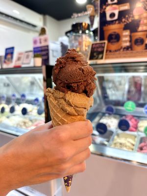 Large cone, 2 scoops: Chocolate soy & Coffee rice milk (193 THB)  at 7 Senses Gelato Studio in Chiang Mai