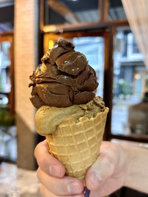 Large cone, 2 scoops: Chocolate soy & Coffee rice milk (193 THB)  at 7 Senses Gelato Studio in Chiang Mai