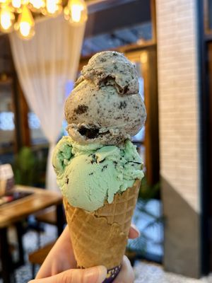 Large cone, 2 scoops: Oreo soy & Chocomint soy (193 THB)  at 7 Senses Gelato Studio in Chiang Mai