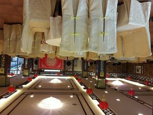 large restaurant clean Buddhist theme at Qingyun Temple Vegetarian Restaurant in Zhaoqing