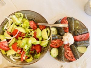 Greek salad without Mayo and dolmas with vegan Mayo  at Cafe12 in Crete