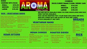 Menu at Aroma Indian Cuisine in Auckland