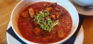 Cold tomato soup of some kind at Bo No Bo Vegan in Olsztyn