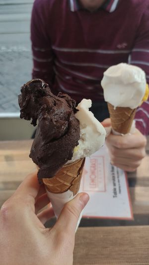 Chocolate/rum/cherry and banana (front) and lemon/mango (back), all vegan at Lemongrass in Rome