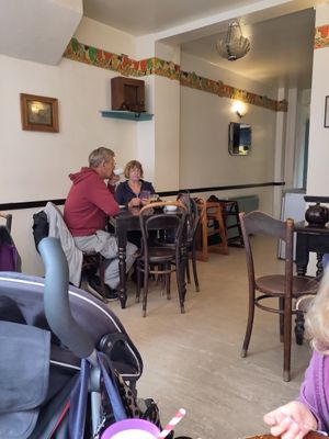 Inside seating downstairs at Mrs Bridges Tea Rooms in Leicester