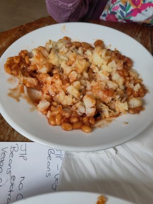 Kids jacket and beans at Mrs Bridges Tea Rooms in Leicester