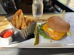Vegan Impossible Burger w Fries  at The Corner Drafthouse in San Diego