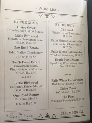 Menu at The Downward Dog in Bodalla