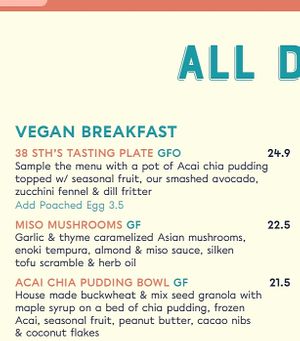 Vegan breakfast menu   at 38 South in Seaford