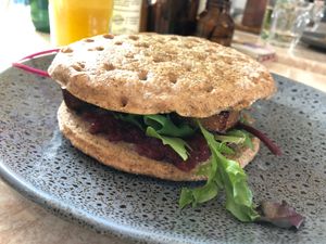 This is the gluten free version of the seasonal veggie burger.  at Source Kitchen in Pemberton