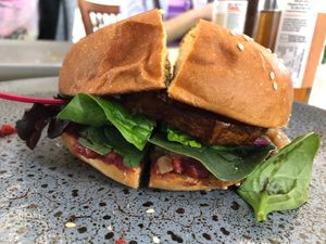 The seasonal pumpkin burger before it was parted.  at Source Kitchen in Pemberton