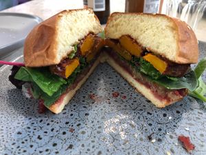 The seasonal vegan burger came with pumpkin that day. It varies depending on what’s in season.  at Source Kitchen in Pemberton