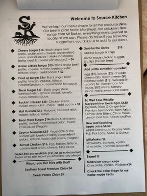 Lunch menu. The staff were very open to veganizing things, where possible.  at Source Kitchen in Pemberton