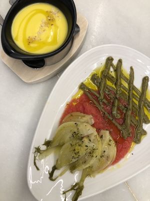 Porra naranja (sooooooo good) & fennel asparagus salad  at Arte de Tapas in Antequera