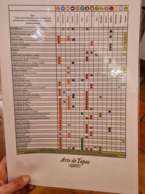 Incredible list of allergenes , with vegan options clearly marked at Arte de Tapas in Antequera