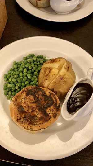 vegan meat-free pie with baked potato, peas and gravy at Pendle Witch in Lancaster