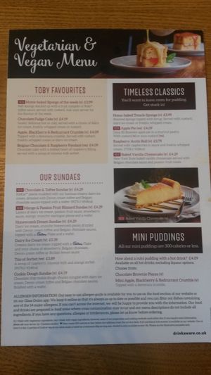 Desserts menu at Toby Carvery in Sunderland