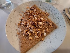 Vegan pancake with almonds and chocolate ❤️ at Crêperie des Promenades in Saint-brieuc