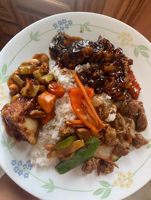 China Dynasty takeout win! Clockwise from top left - Kung Pao Tofu, Szechuan Eggplant, Thai cashew nuts with mock chicken at China Dynasty in Dayton