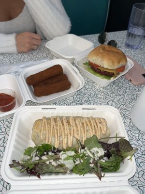 Mozz sticks, beet burger & breakfast burrito!  at Angelhearts Donuts in Ithaca
