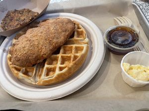Chick’n & Waffle with a side of 'Sausage’  at Angelhearts Donuts in Ithaca