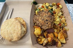 Full plate! That biscuit was AMAZING! So airy and buttery. Best biscuit I’ve had at any vegan establishment!  at Angelhearts Donuts in Ithaca