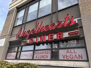 Exterior sign at Angelhearts Donuts in Ithaca