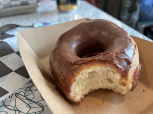 Chocolate glazed donutt at Angelhearts Donuts in Ithaca