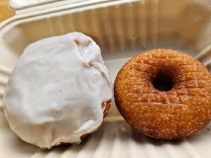 Raspberry filled and apple cider donuts at Angelhearts Donuts in Ithaca