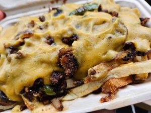 Cheesesteak fries- HUGE serving size at Angelhearts Donuts in Ithaca