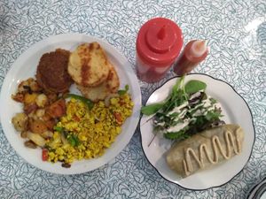 Full plate breakfast (left) Good morning Ithaca (right) at Angelhearts Donuts in Ithaca