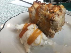 Banana Walnut Bread, with caramel sauce and coconut whip cream. So fluffy and tasty! at Angelhearts Donuts in Ithaca