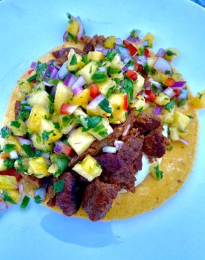 Seitan al pastor with avocado crema and pineapple salsa  at Dead Beet Eats in Kansas City