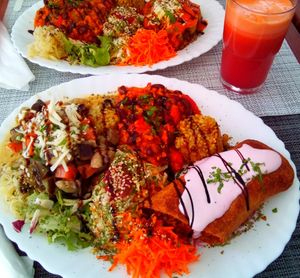 Beans chili, "folhado" pastry, vegan cheese over grilled veggies at Vegan Story in Lisbon