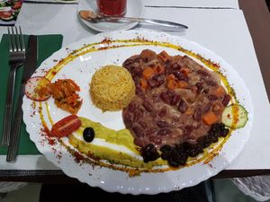 Bean stew with carrot,  tofu and soya sausage at Vegan Story in Lisbon