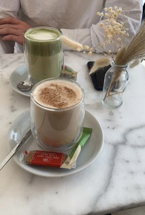 Matcha with caramel and vanilla and cacao, both with oat milk   at Coffee and Cakes in Amsterdam