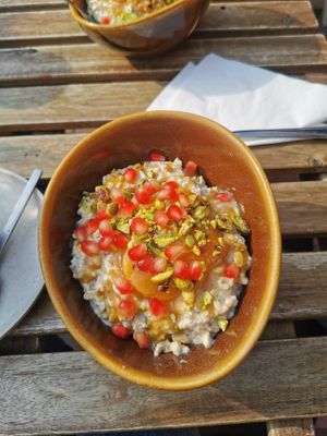 Sweet tahini, pistachio and apricot overnight oats. Yum! at T @ the dials in Brighton