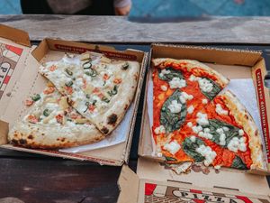 Hawaiian pizza and Margherita pizza at Pizza Flora in San Jose