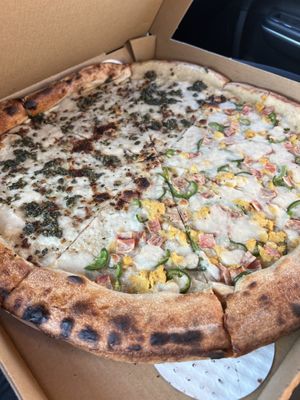 Vegan pie (half pesto, half Hawaiian)  at Pizza Flora in San Jose