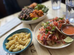 Fish taco, Mac-n-cheese side, Korean bowl in background. All 👍🏼   at Veggie Grill by Next Level in Cambridge